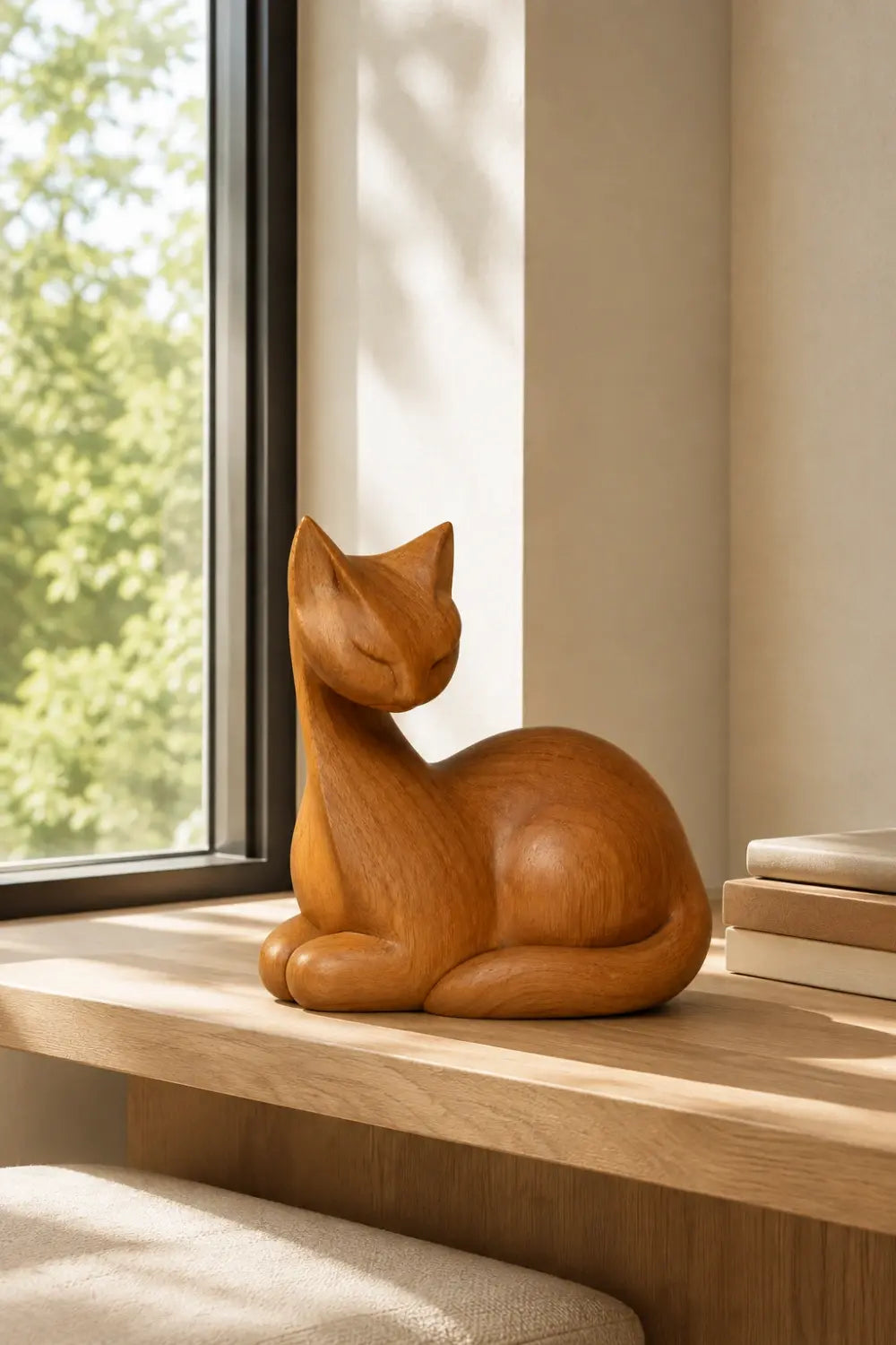 Natural Wood Cat Figurine | Resting Feline Statue Decor