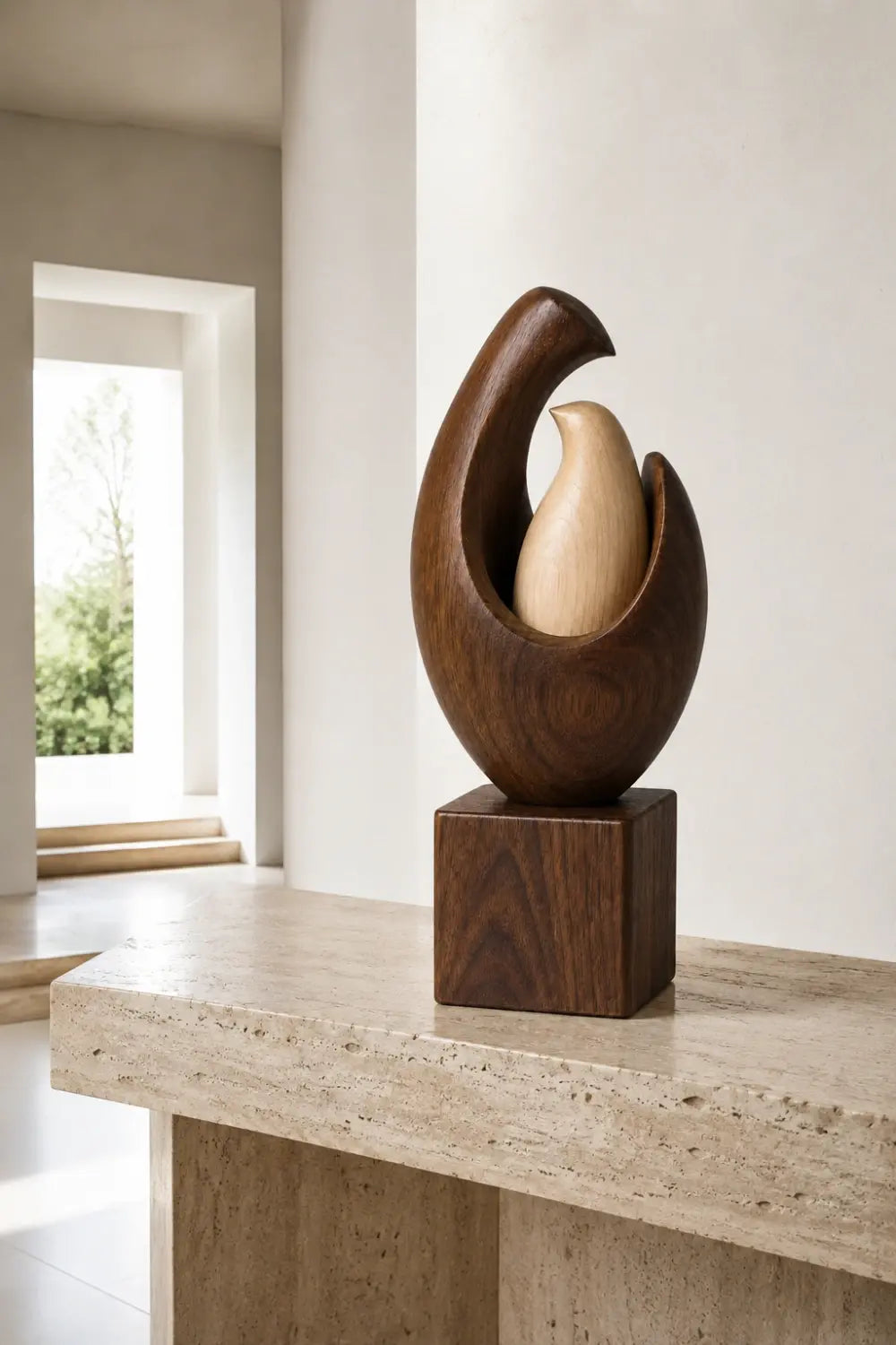 Mother Child Bird Wood Sculpture | Nesting Bird Statue | Family Art Gift