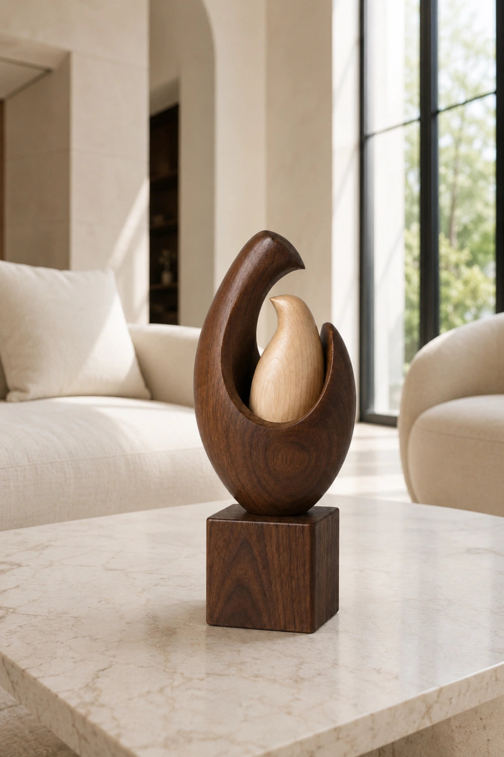Mother Child Bird Wood Sculpture | Nesting Bird Statue | Family Art Gift