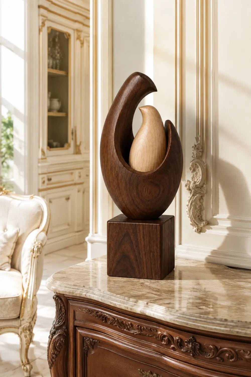 Mother Child Bird Wood Sculpture | Nesting Bird Statue | Family Art Gift