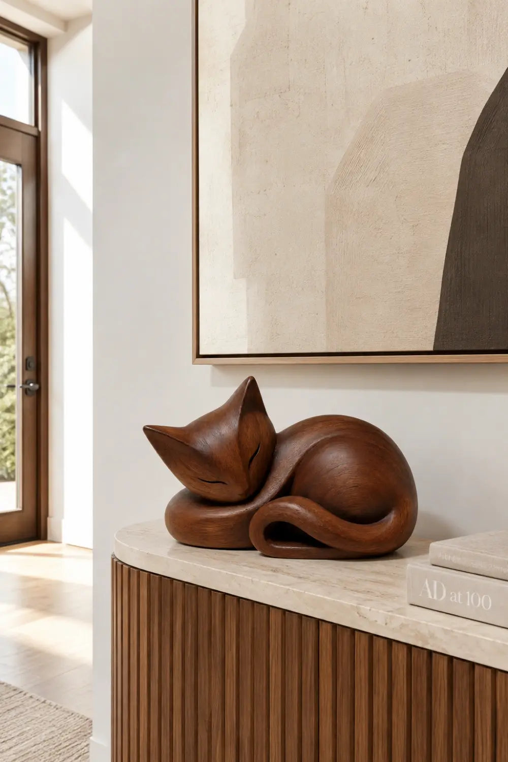 Sleeping Wooden Cat Sculpture | Curled Wood Feline Decor