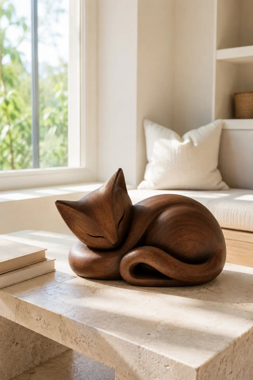 Sleeping Wooden Cat Sculpture | Curled Wood Feline Decor