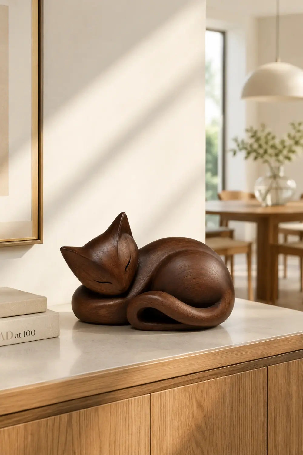 Sleeping Wooden Cat Sculpture | Curled Wood Feline Decor