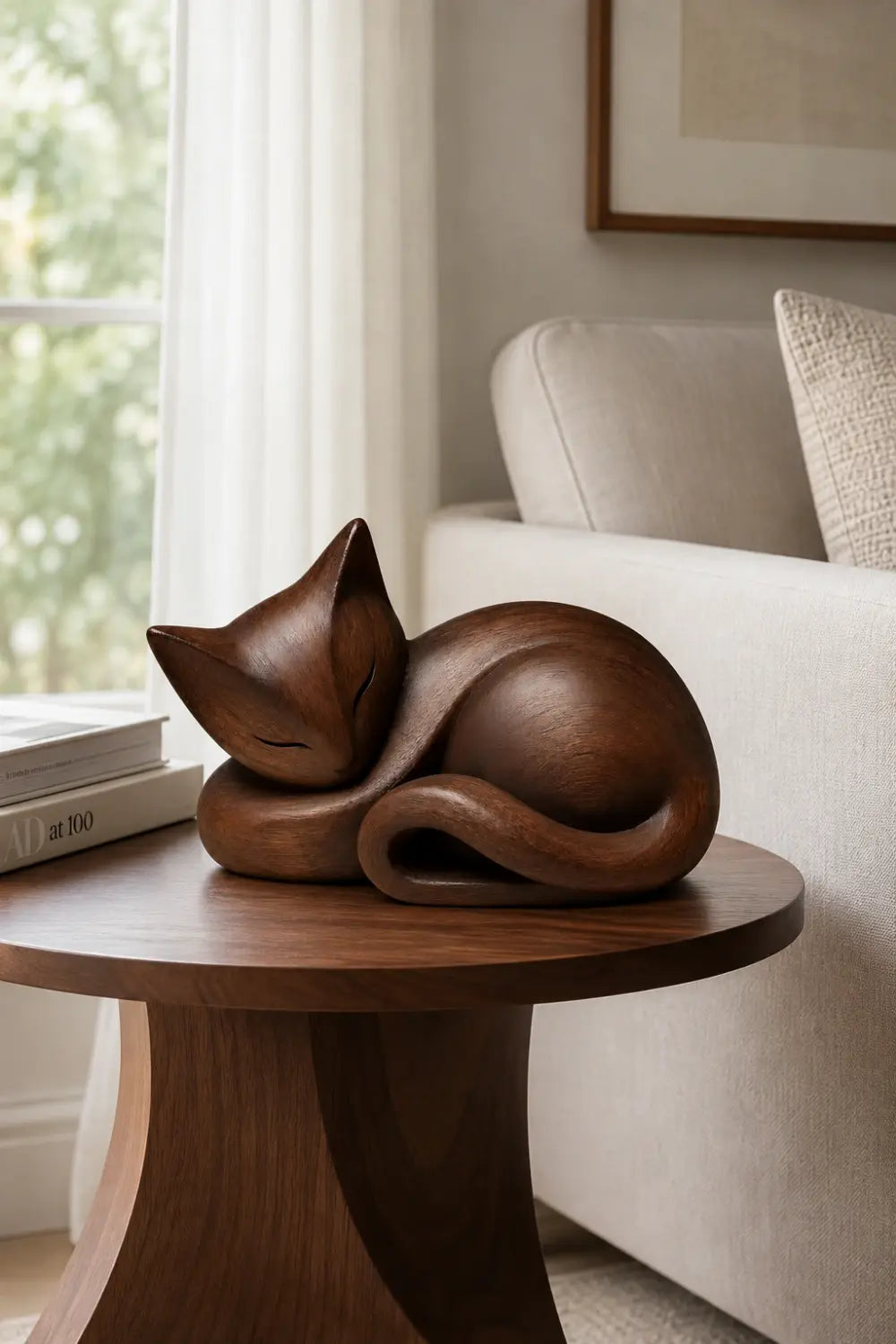 Sleeping Wooden Cat Sculpture | Curled Wood Feline Decor
