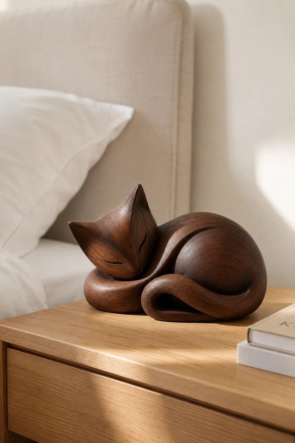 Sleeping Wooden Cat Sculpture | Curled Wood Feline Decor
