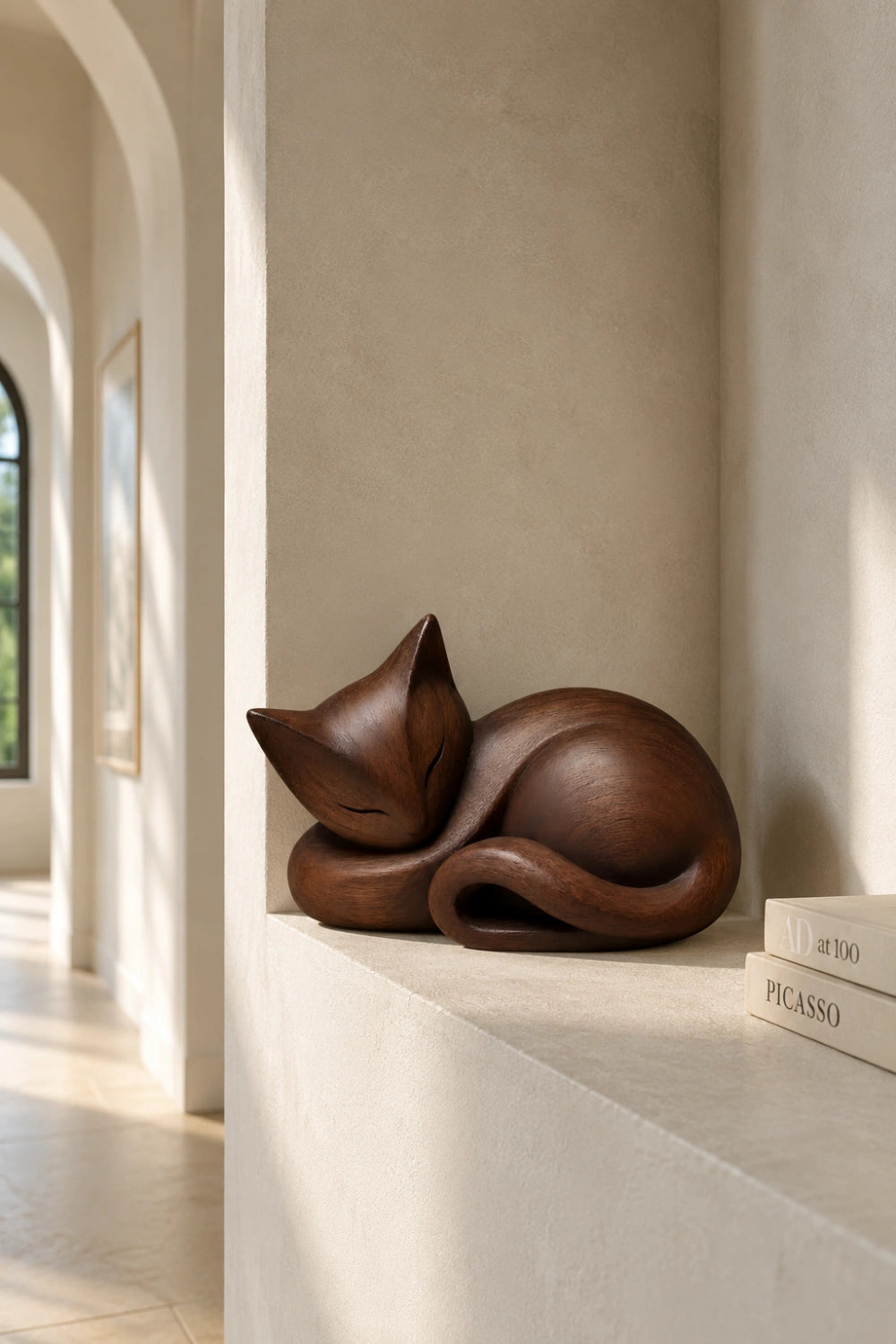 Sleeping Wooden Cat Sculpture | Curled Wood Feline Decor