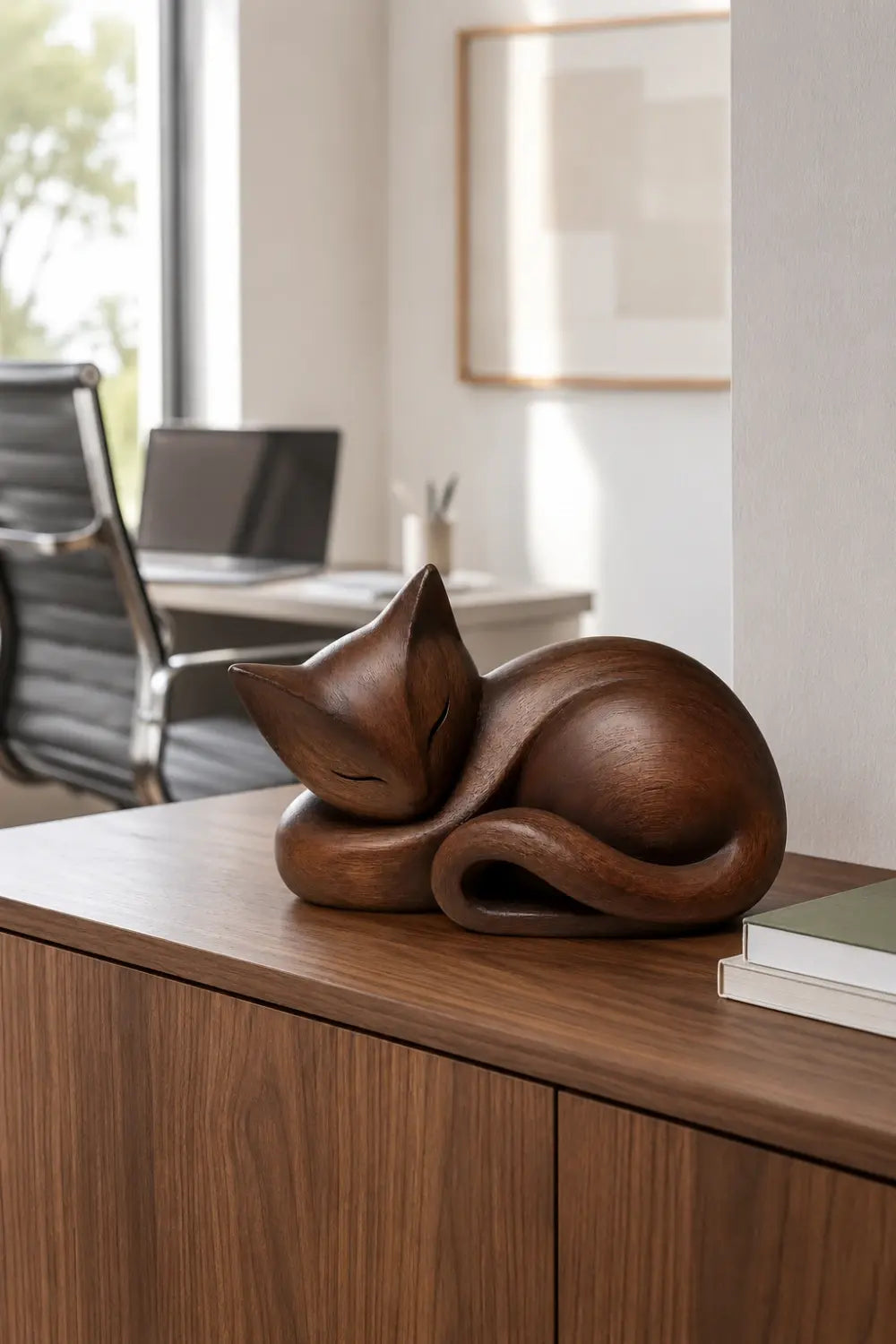 Sleeping Wooden Cat Sculpture | Curled Wood Feline Decor