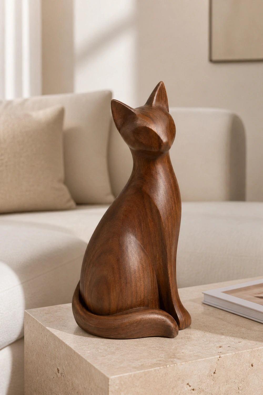 Seated Wooden Cat Sculpture | Minimalist Feline Statue