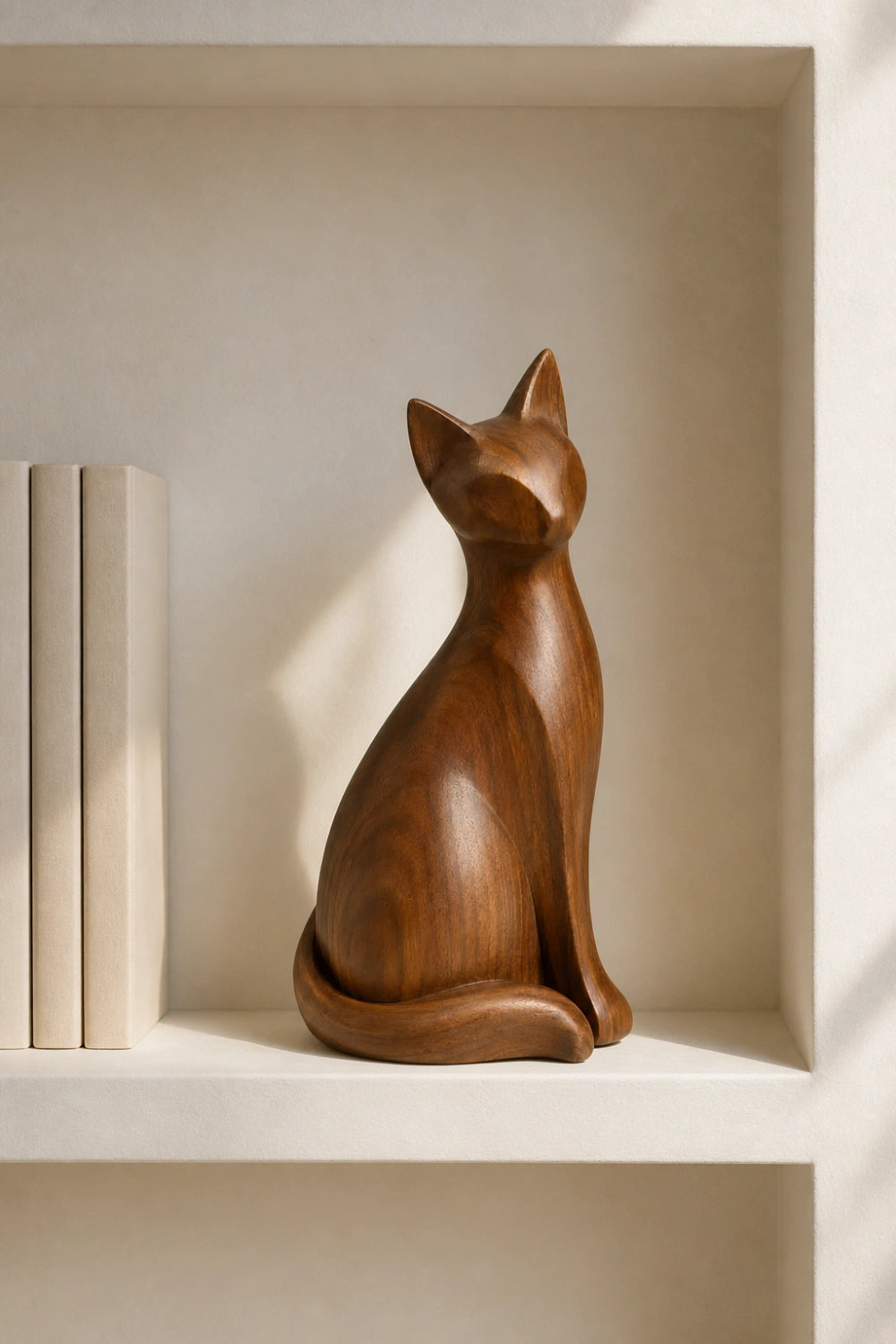Seated Wooden Cat Sculpture | Minimalist Feline Statue