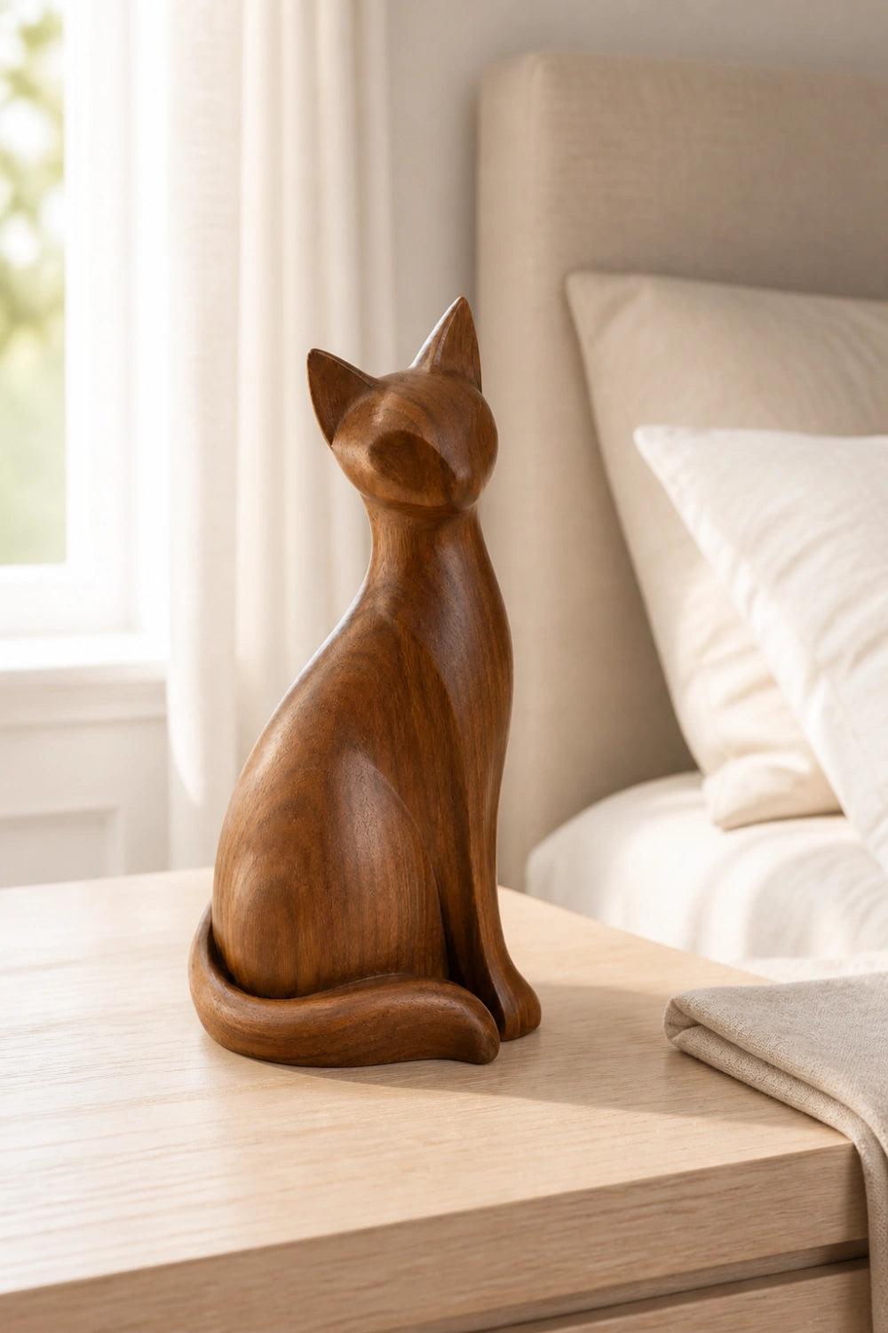 Seated Wooden Cat Sculpture | Minimalist Feline Statue