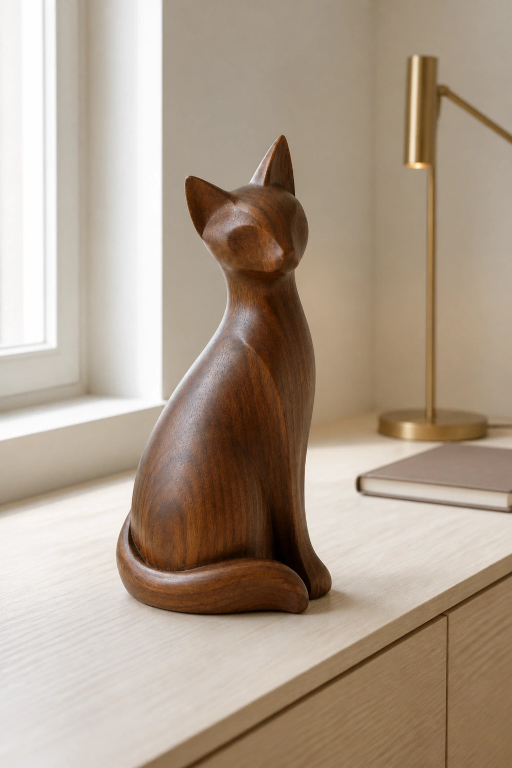 Seated Wooden Cat Sculpture | Minimalist Feline Statue