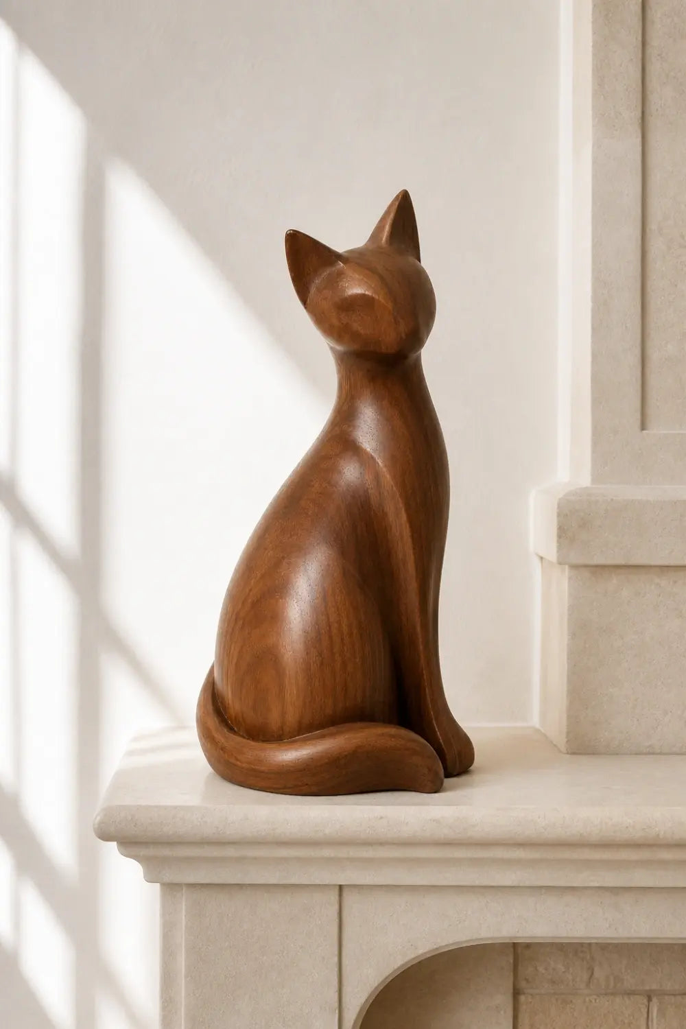 Seated Wooden Cat Sculpture | Minimalist Feline Statue