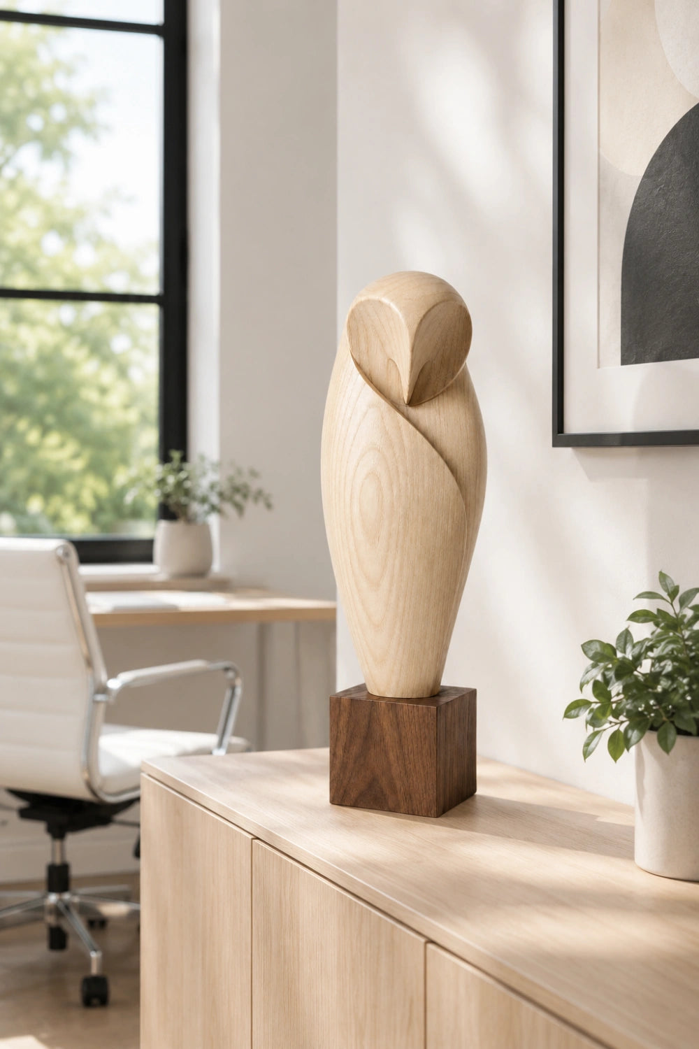 Minimalist Wooden Owl Statue | Carved Barn Owl Figurine