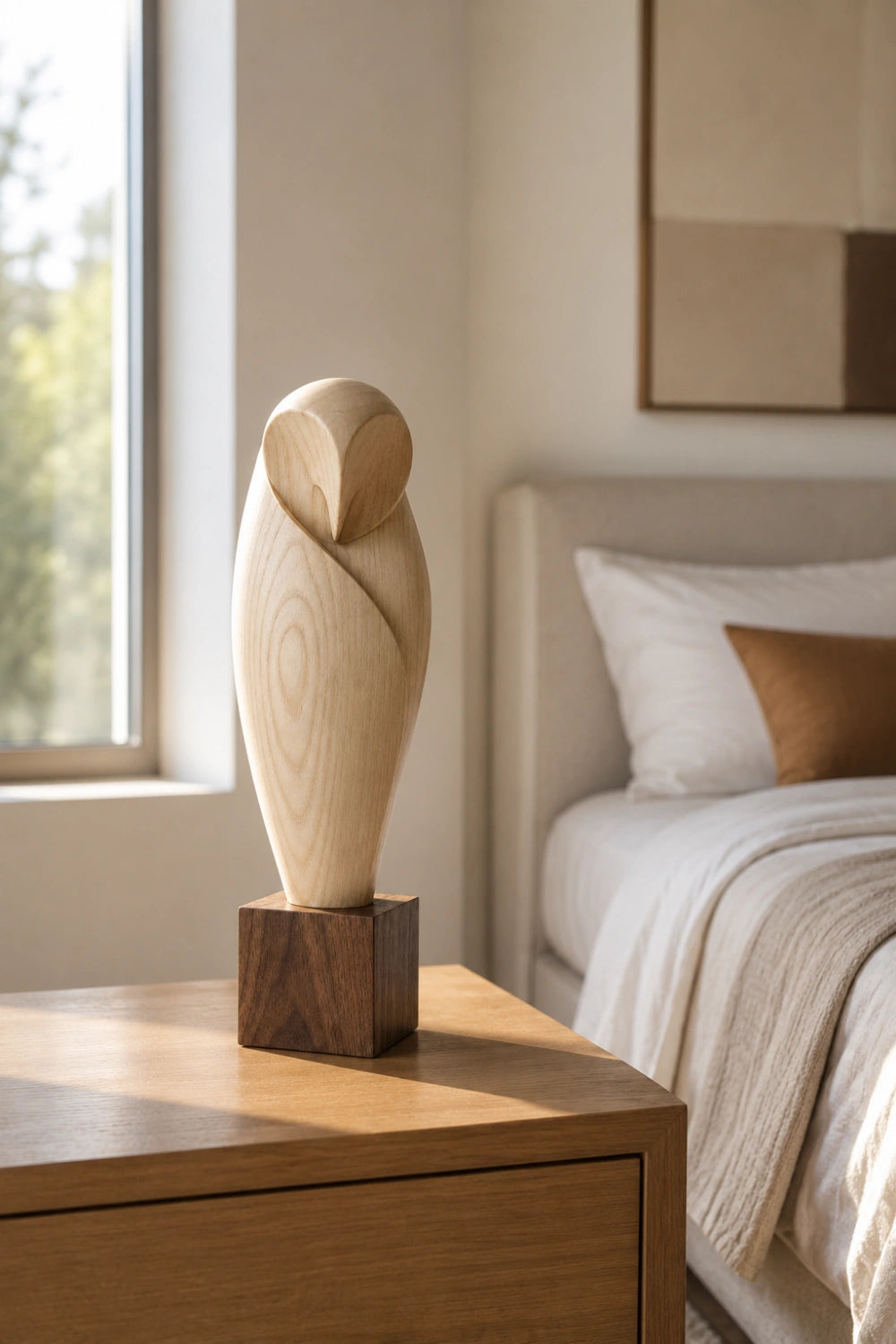 Minimalist Wooden Owl Statue | Carved Barn Owl Figurine
