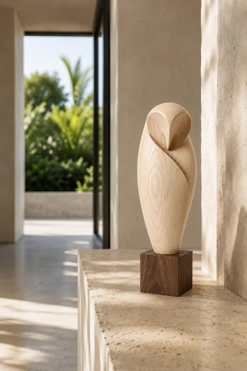 Minimalist Wooden Owl Statue | Carved Barn Owl Figurine