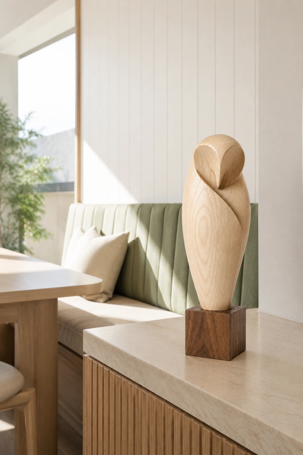 Minimalist Wooden Owl Statue | Carved Barn Owl Figurine