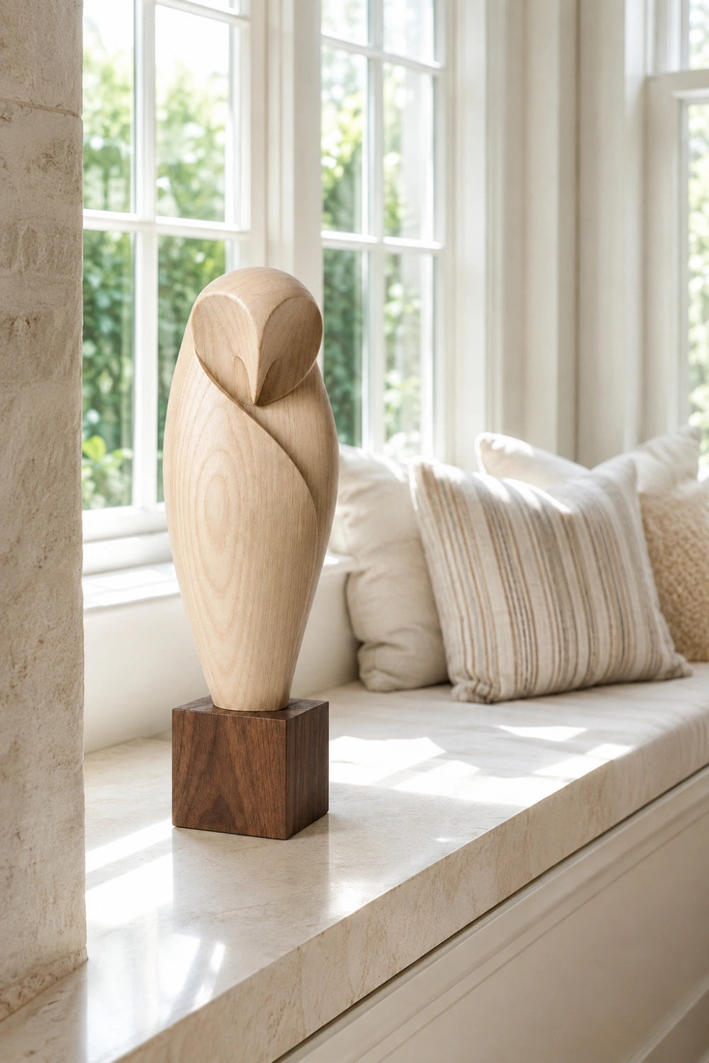Minimalist Wooden Owl Statue | Carved Barn Owl Figurine