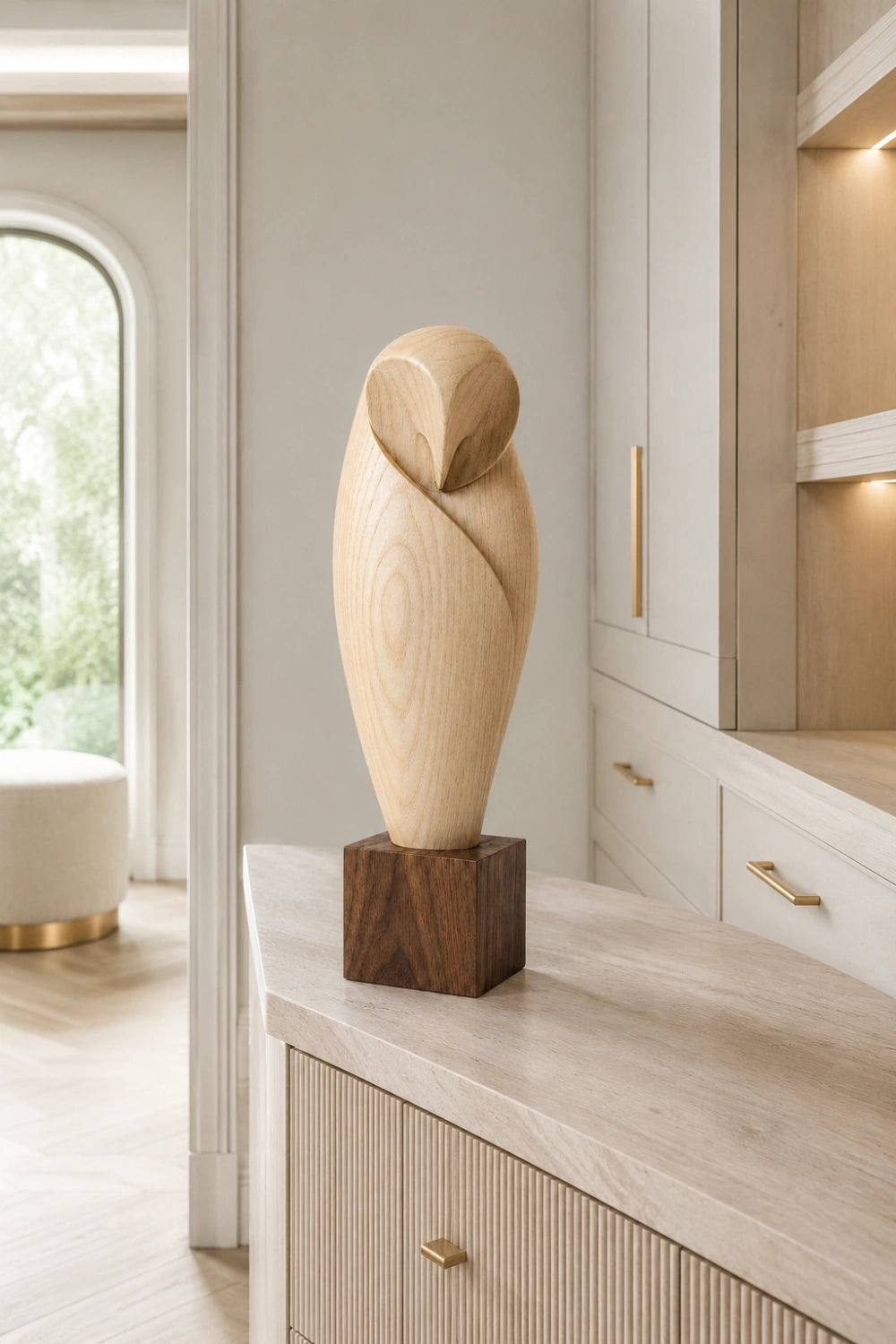 Minimalist Wooden Owl Statue | Carved Barn Owl Figurine