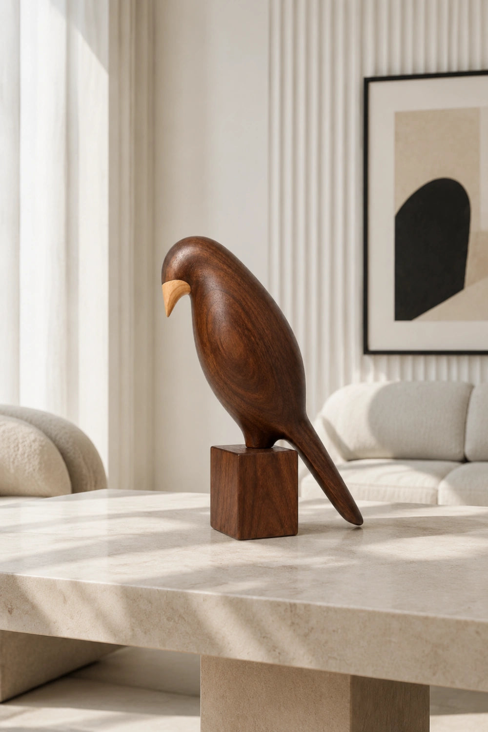 Wooden Bird Figurine Sculpture | Mid-Century Avian Decor