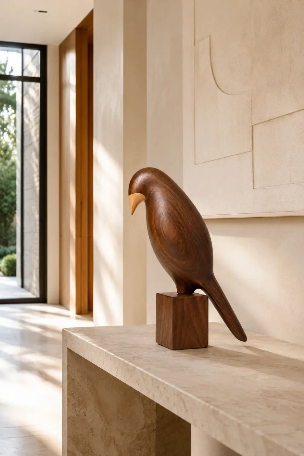 Wooden Bird Figurine Sculpture | Mid-Century Avian Decor