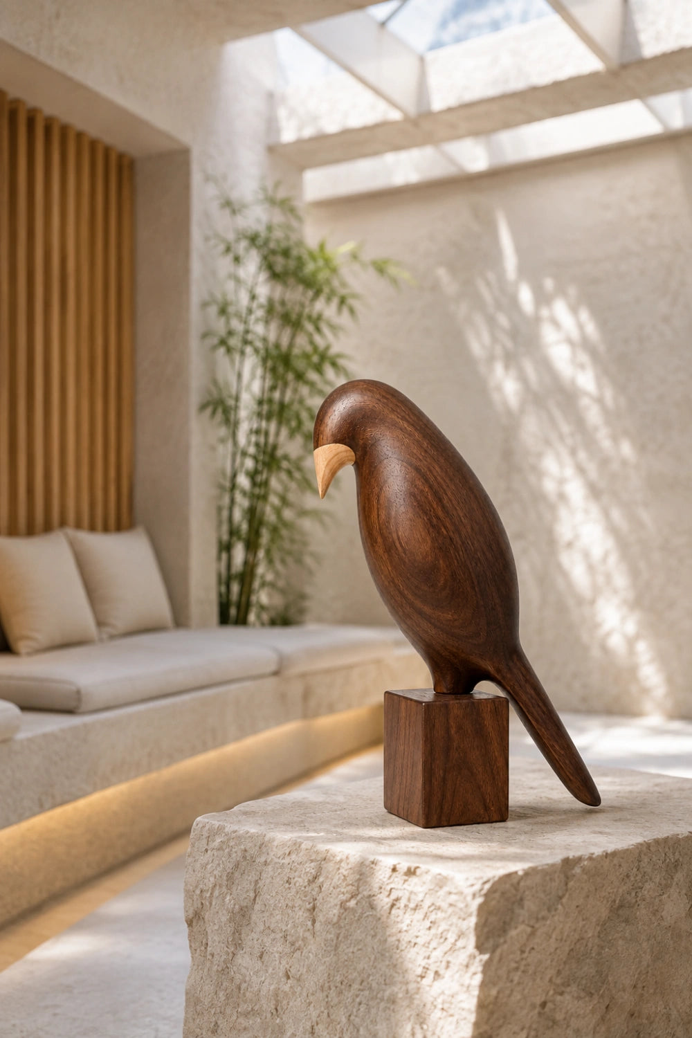 Wooden Bird Figurine Sculpture | Mid-Century Avian Decor