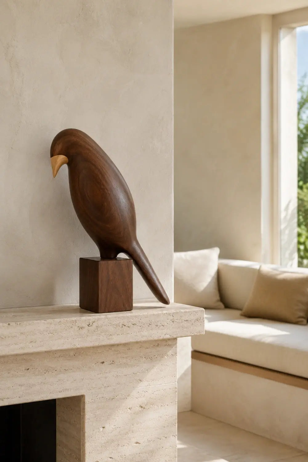 Wooden Bird Figurine Sculpture | Mid-Century Avian Decor