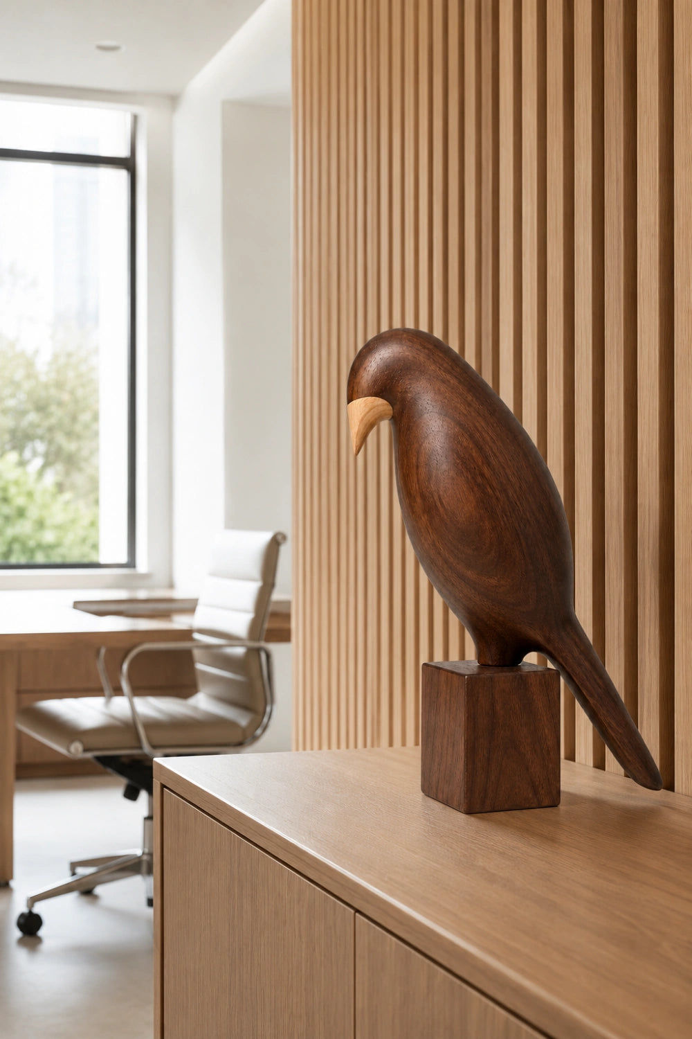 Wooden Bird Figurine Sculpture | Mid-Century Avian Decor