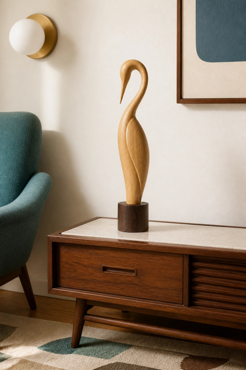 Tall Wooden Bird Sculpture | Carved Avian Art Statue