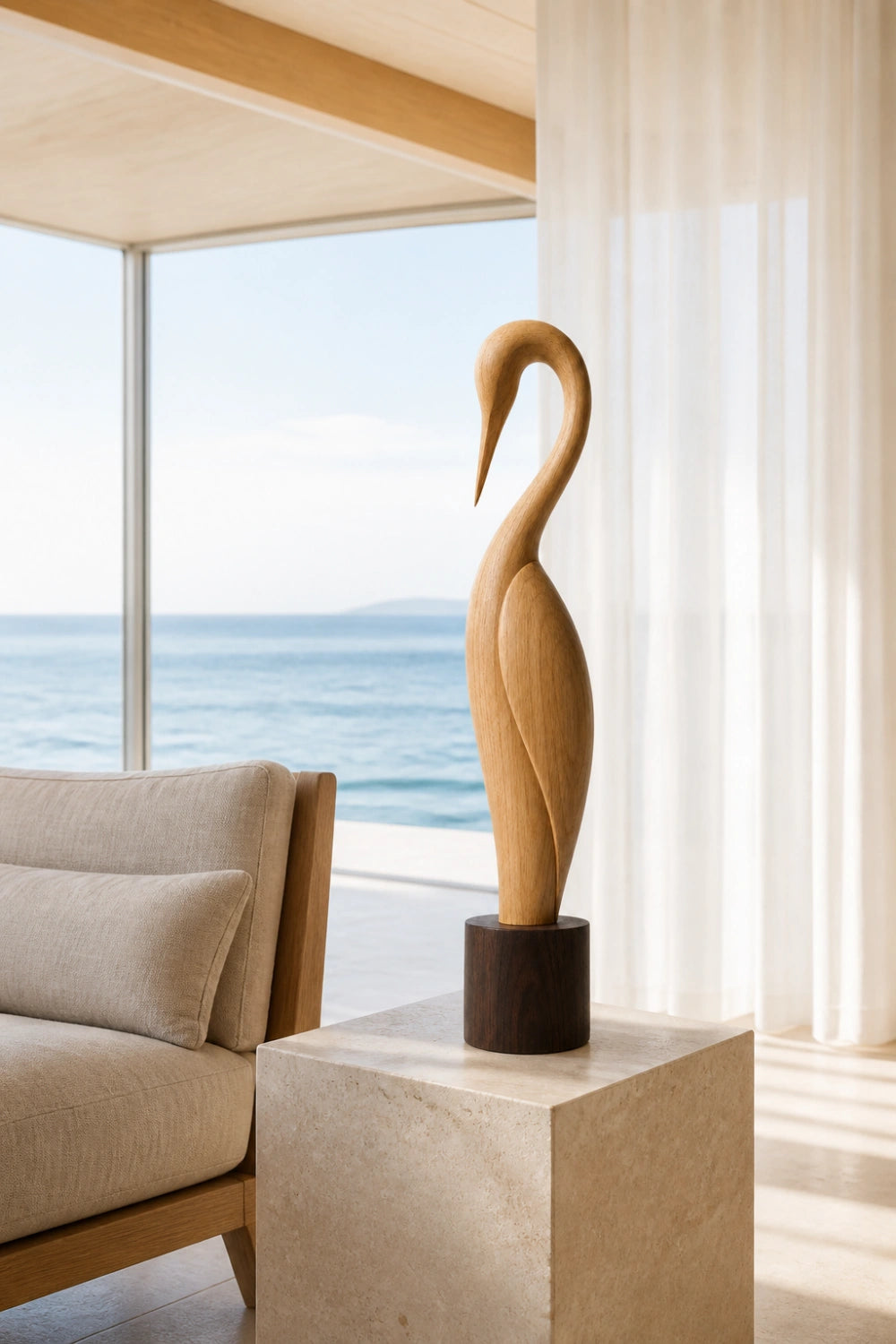 Tall Wooden Bird Sculpture | Carved Avian Art Statue