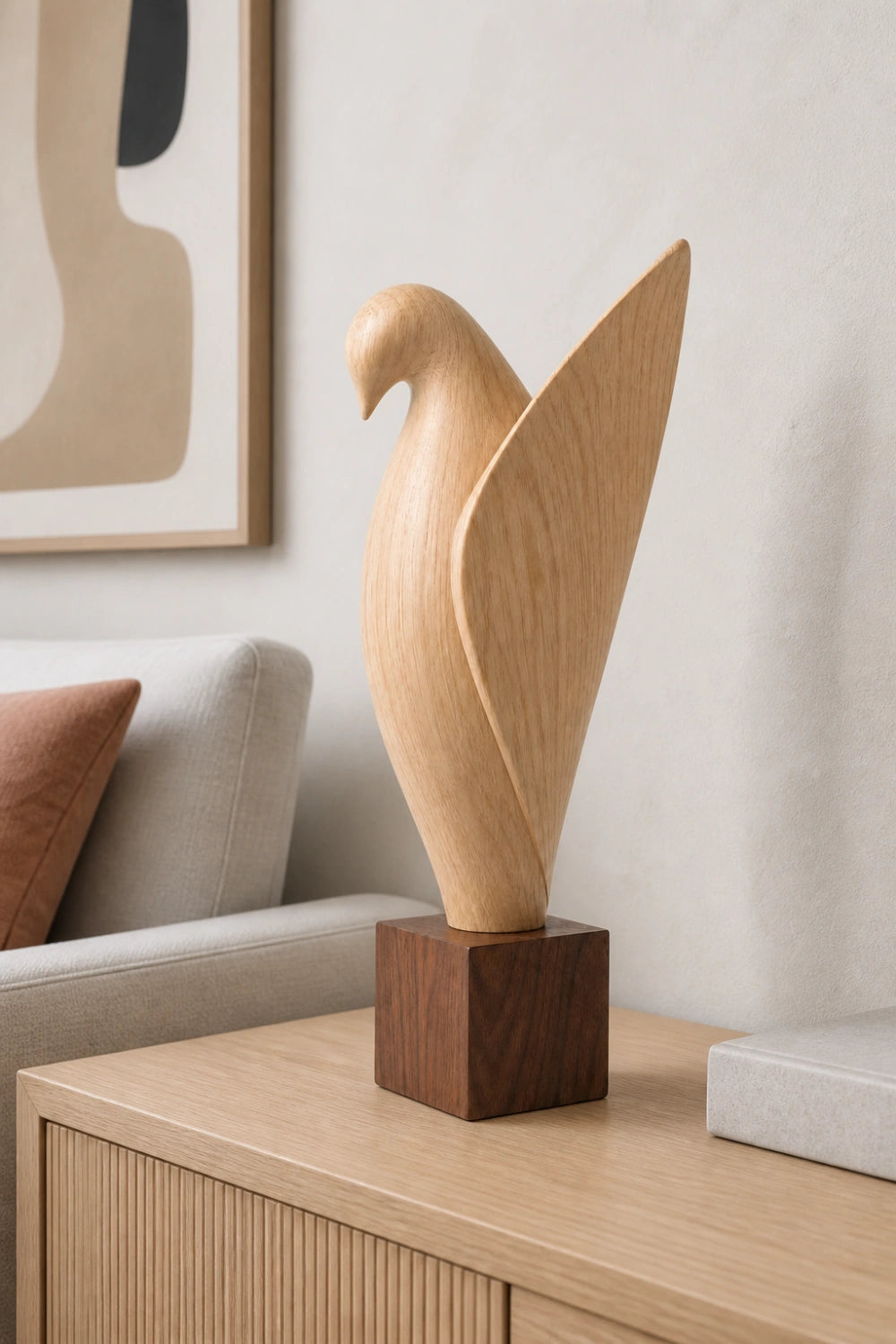Wooden Bird Sculpture | Modern Uplifted Wing Statue