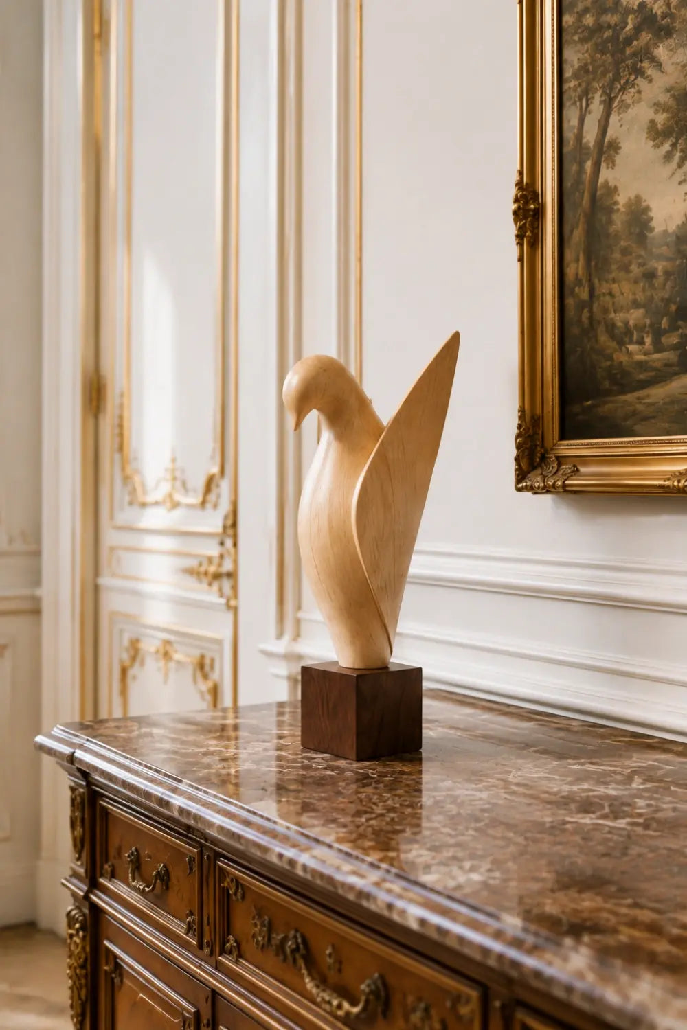Wooden Bird Sculpture | Modern Uplifted Wing Statue