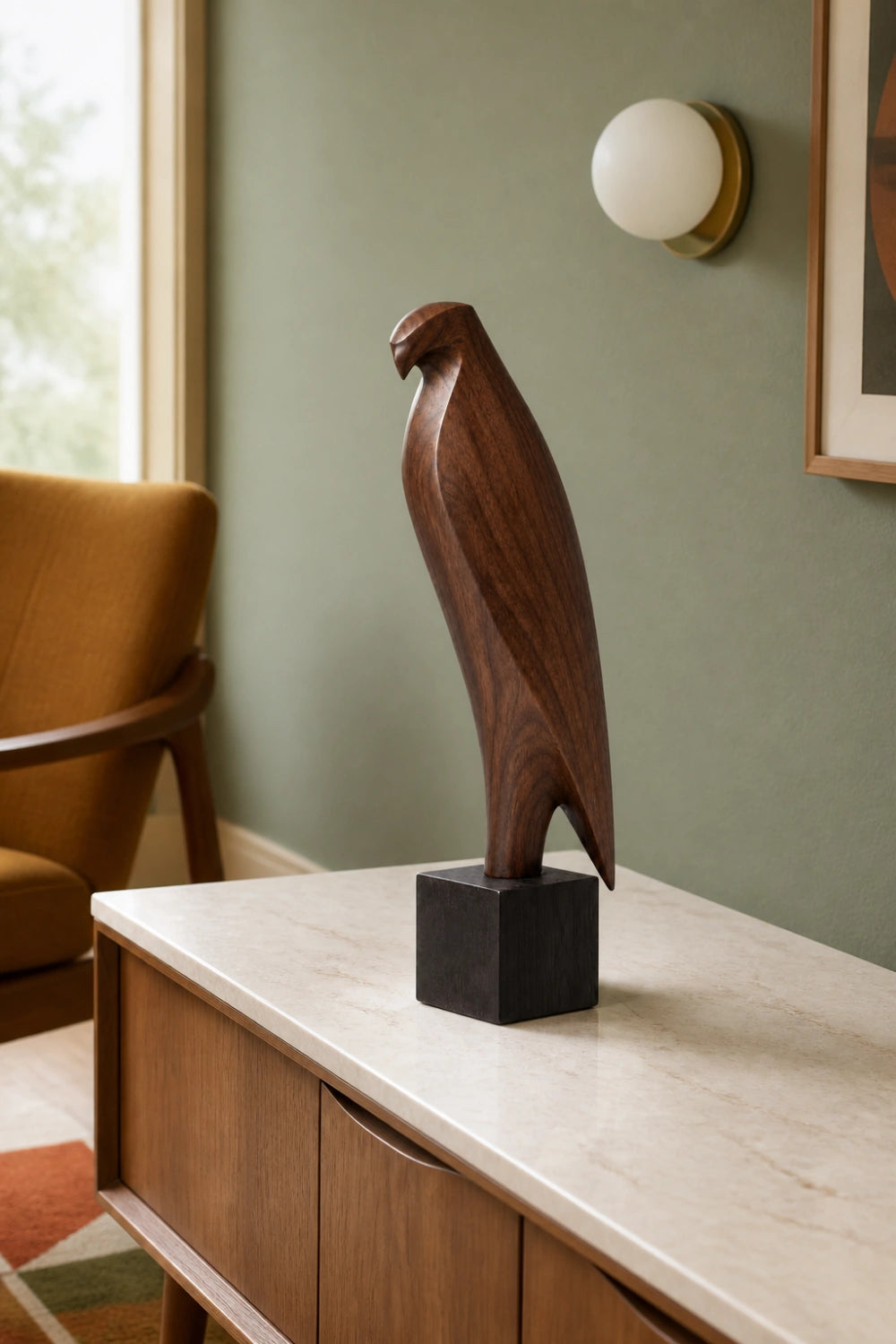 Wooden Falcon Sculpture | Carved Eagle Statue Decor