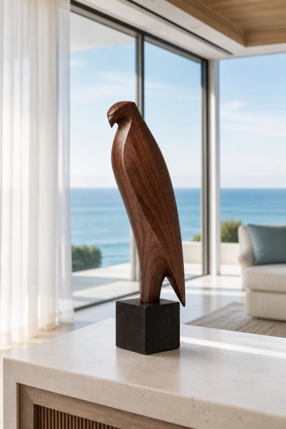 Wooden Falcon Sculpture | Carved Eagle Statue Decor