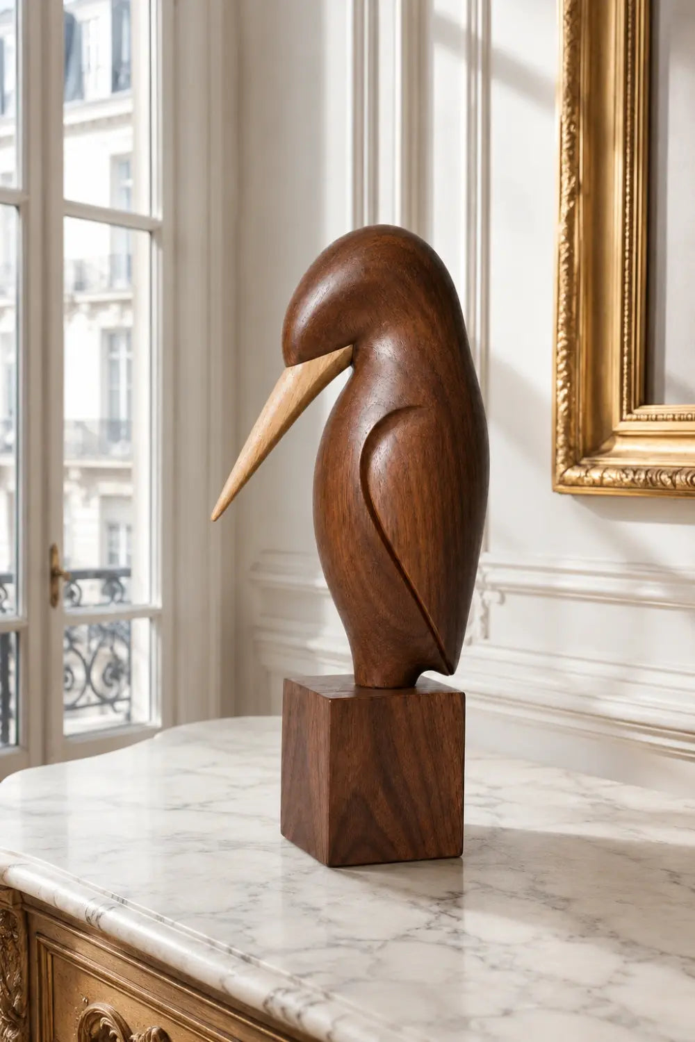Carved Wood Bird Statue | Mid Century Shorebird Decor | Minimalist Art Gift
