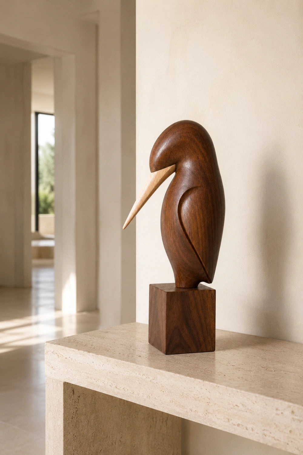 Carved Wood Bird Statue | Mid Century Shorebird Decor | Minimalist Art Gift