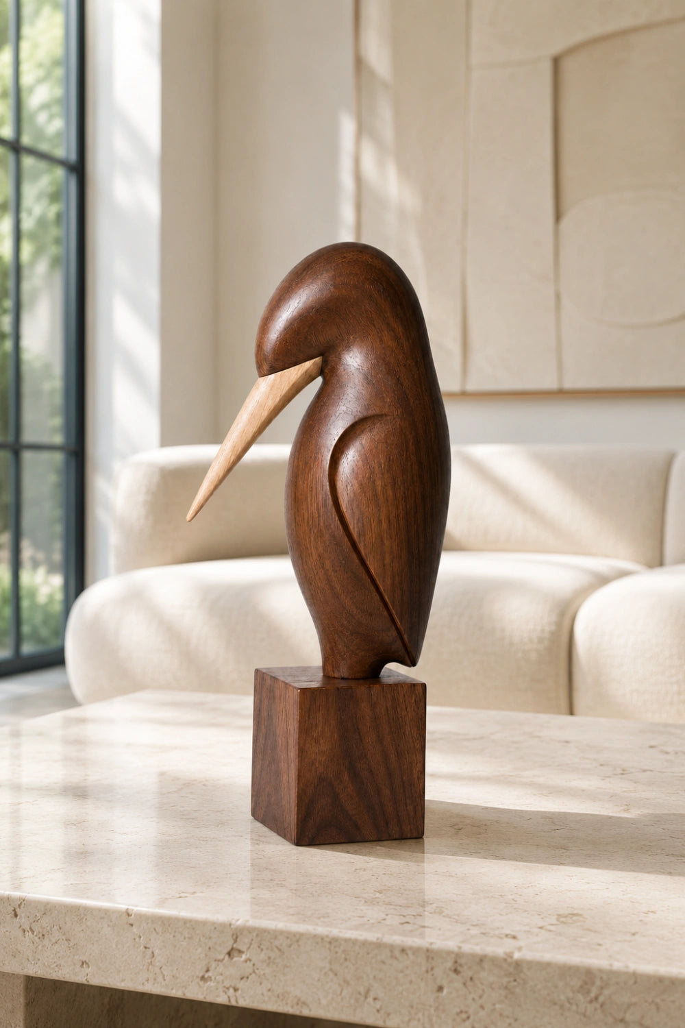 Carved Wood Bird Statue | Mid Century Shorebird Decor | Minimalist Art Gift