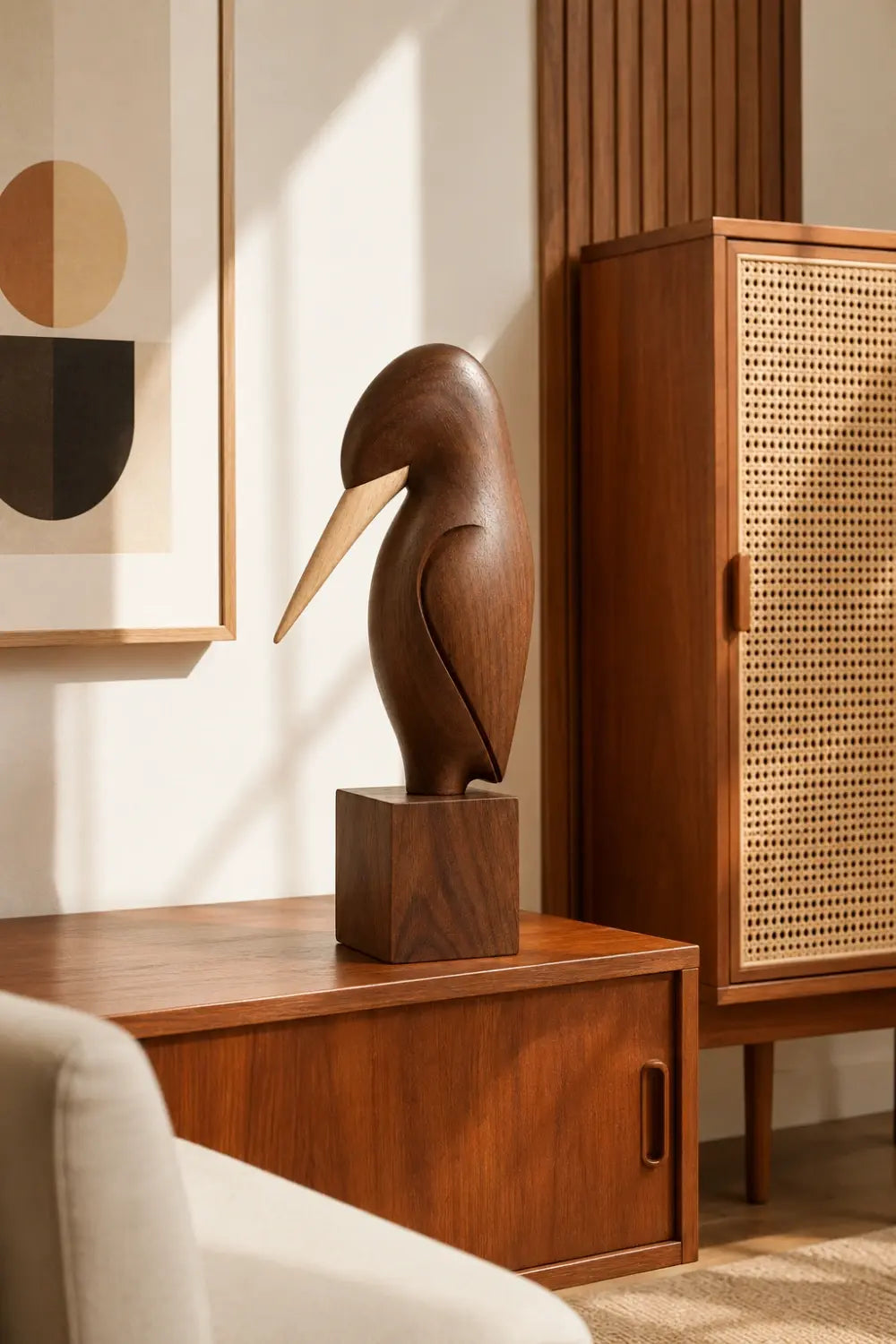 Carved Wood Bird Statue | Mid Century Shorebird Decor | Minimalist Art Gift