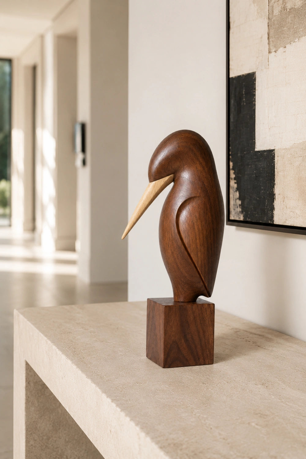 Carved Wood Bird Statue | Mid Century Shorebird Decor | Minimalist Art Gift