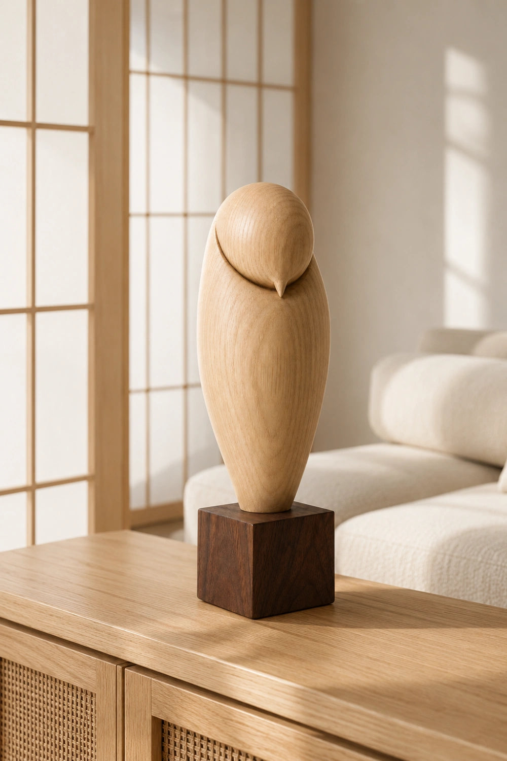 Minimalist Wood Owl Sculpture | Zen Sleeping Bird Statue | Scandinavian Art Gift