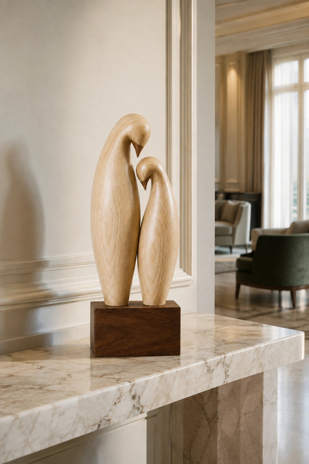Carved Wood Lovebird Sculpture | Minimalist Pair Statue | Wedding Art Gift