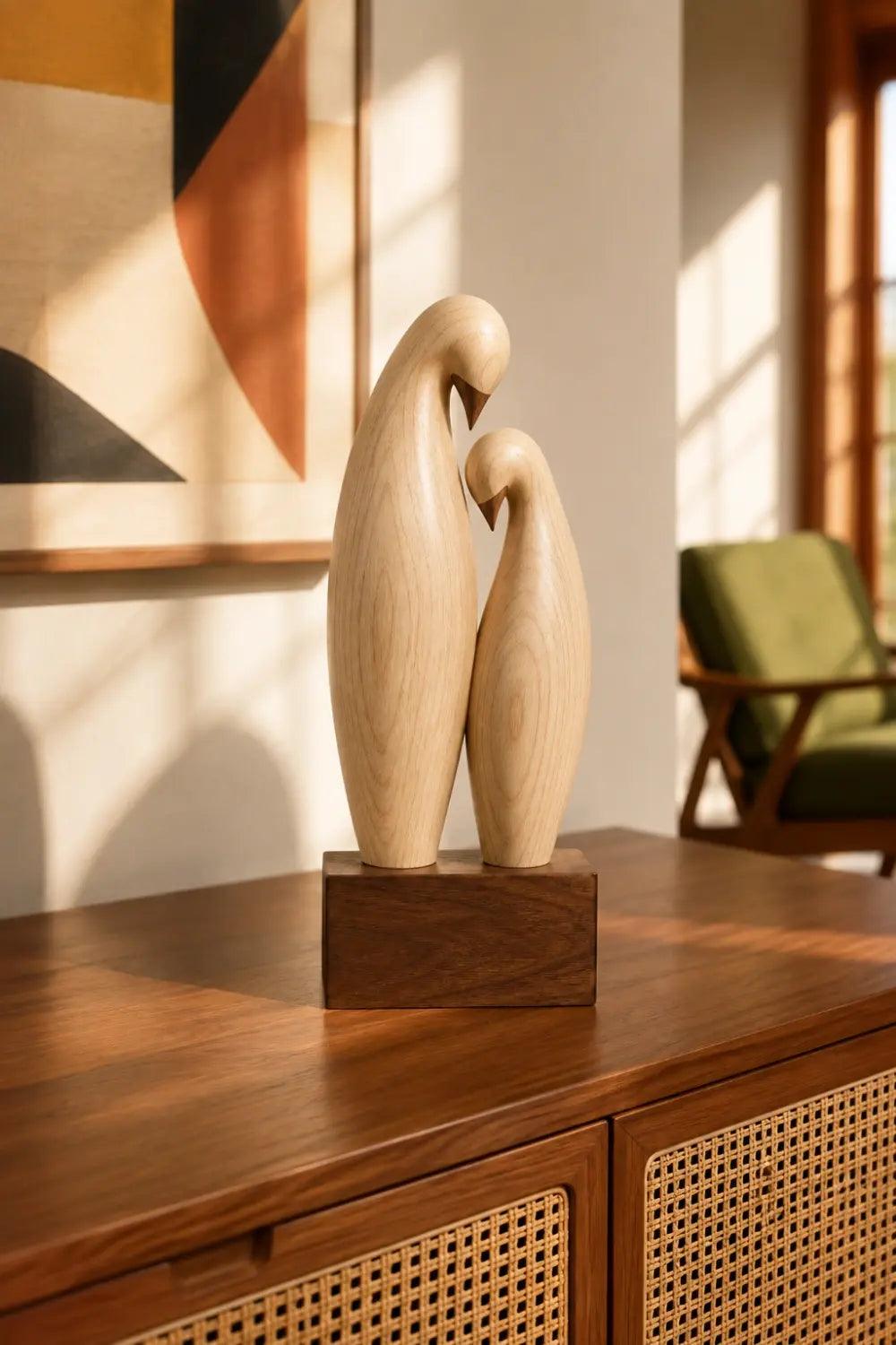 Carved Wood Lovebird Sculpture | Minimalist Pair Statue | Wedding Art Gift