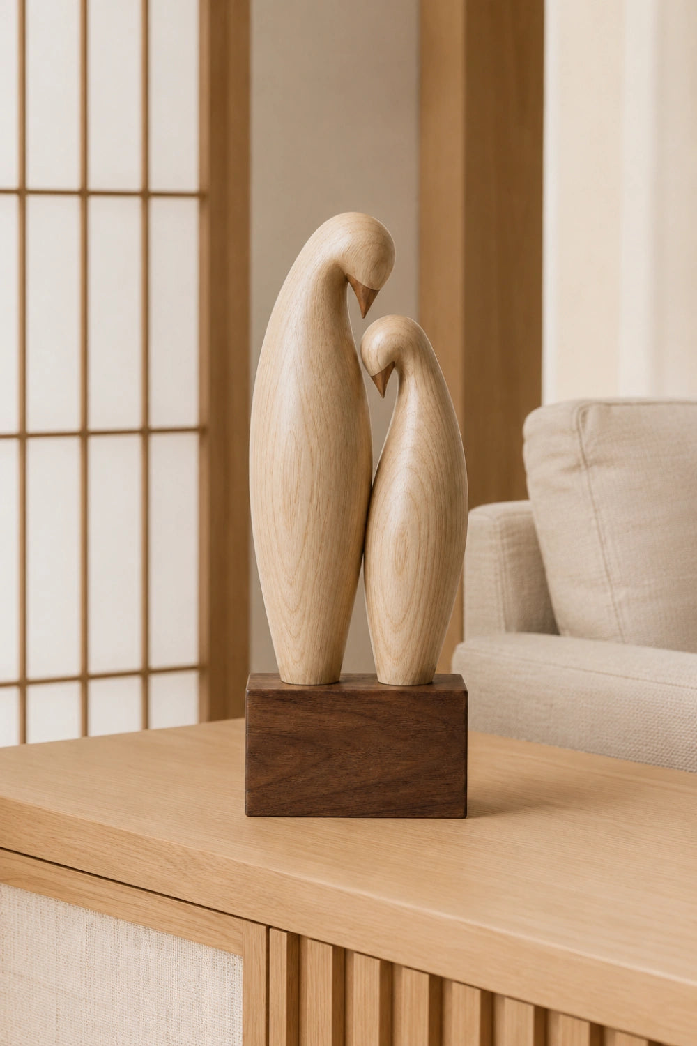 Carved Wood Lovebird Sculpture | Minimalist Pair Statue | Wedding Art Gift