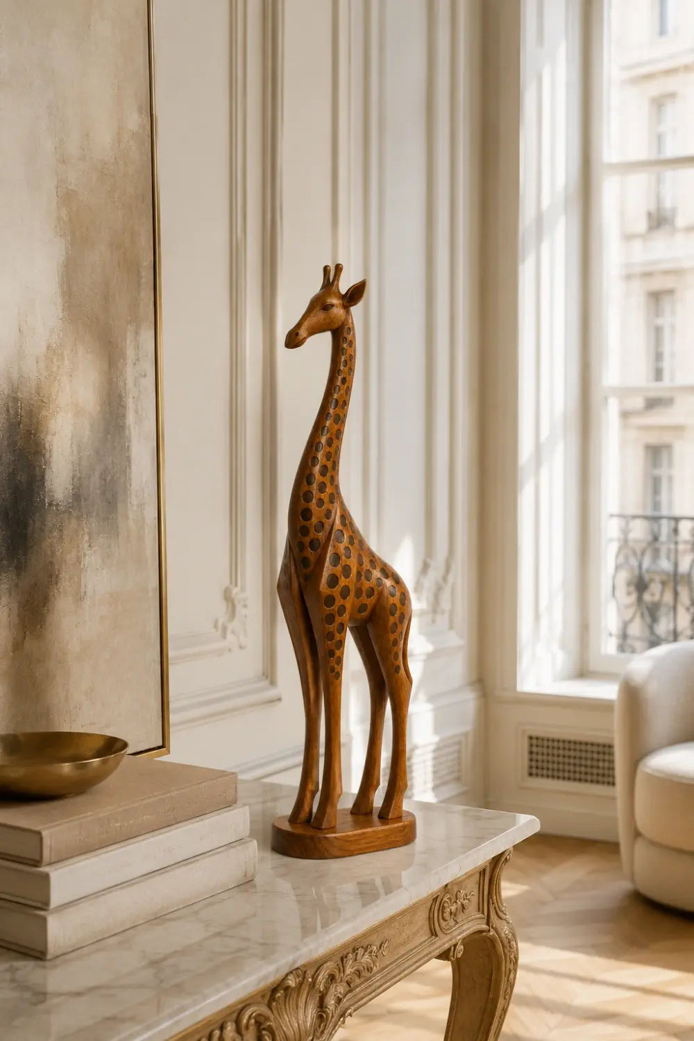 Handcarved Wooden Giraffe Statue | Mid Century Animal Decor