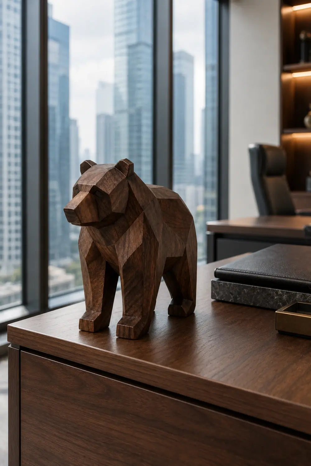 Wooden Bear Statue | Geometric Carved Grizzly Figurine