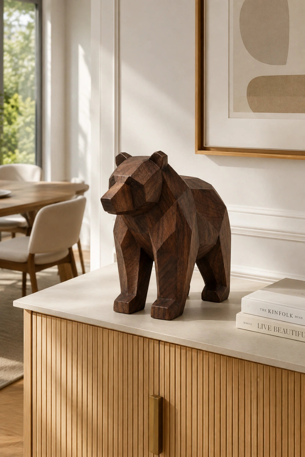 Wooden Bear Statue | Geometric Carved Grizzly Figurine