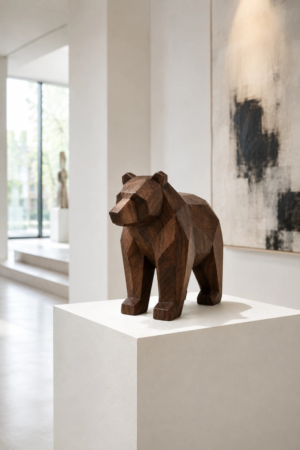 Wooden Bear Statue | Geometric Carved Grizzly Figurine