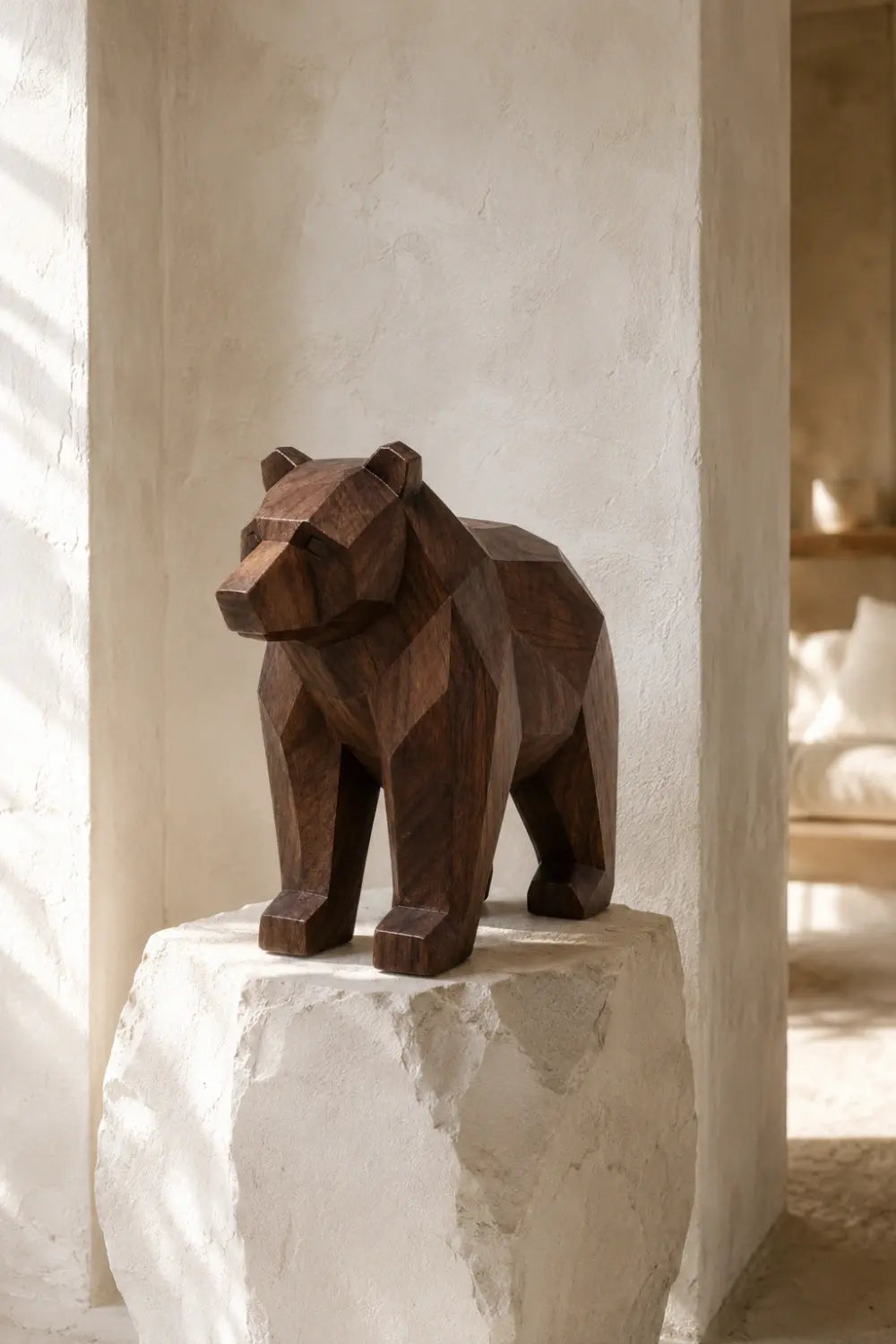 Wooden Bear Statue | Geometric Carved Grizzly Figurine