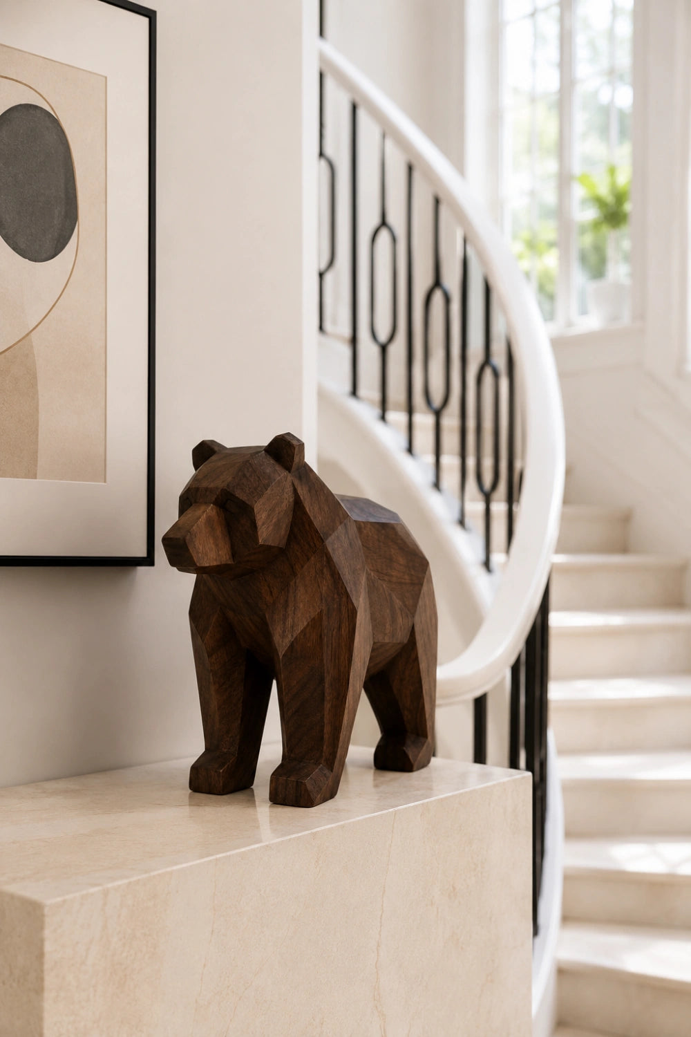 Wooden Bear Statue | Geometric Carved Grizzly Figurine