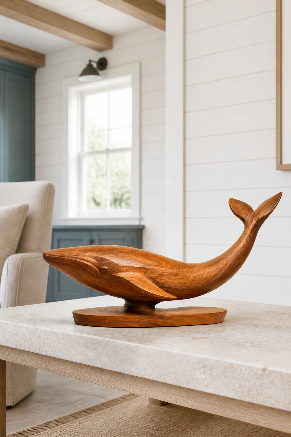 Handcrafted Wooden Whale Statue | Nautical Coastal Home Decor Marine Art Gift