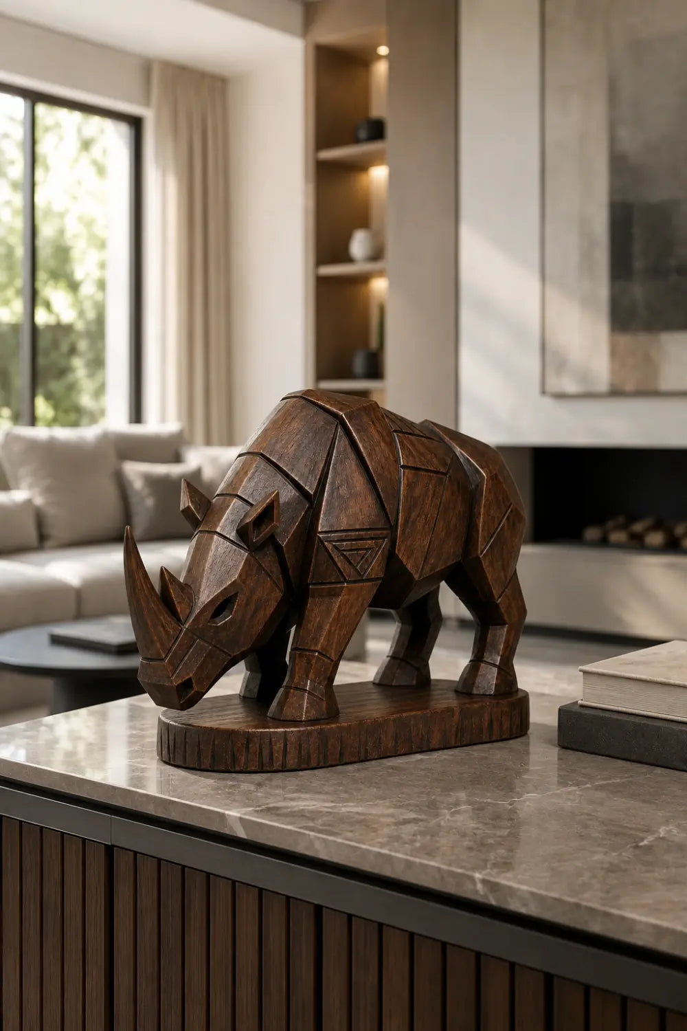 Handcrafted Wooden Rhino Figurine | Tribal Carved Animal Art Home Gift Decor